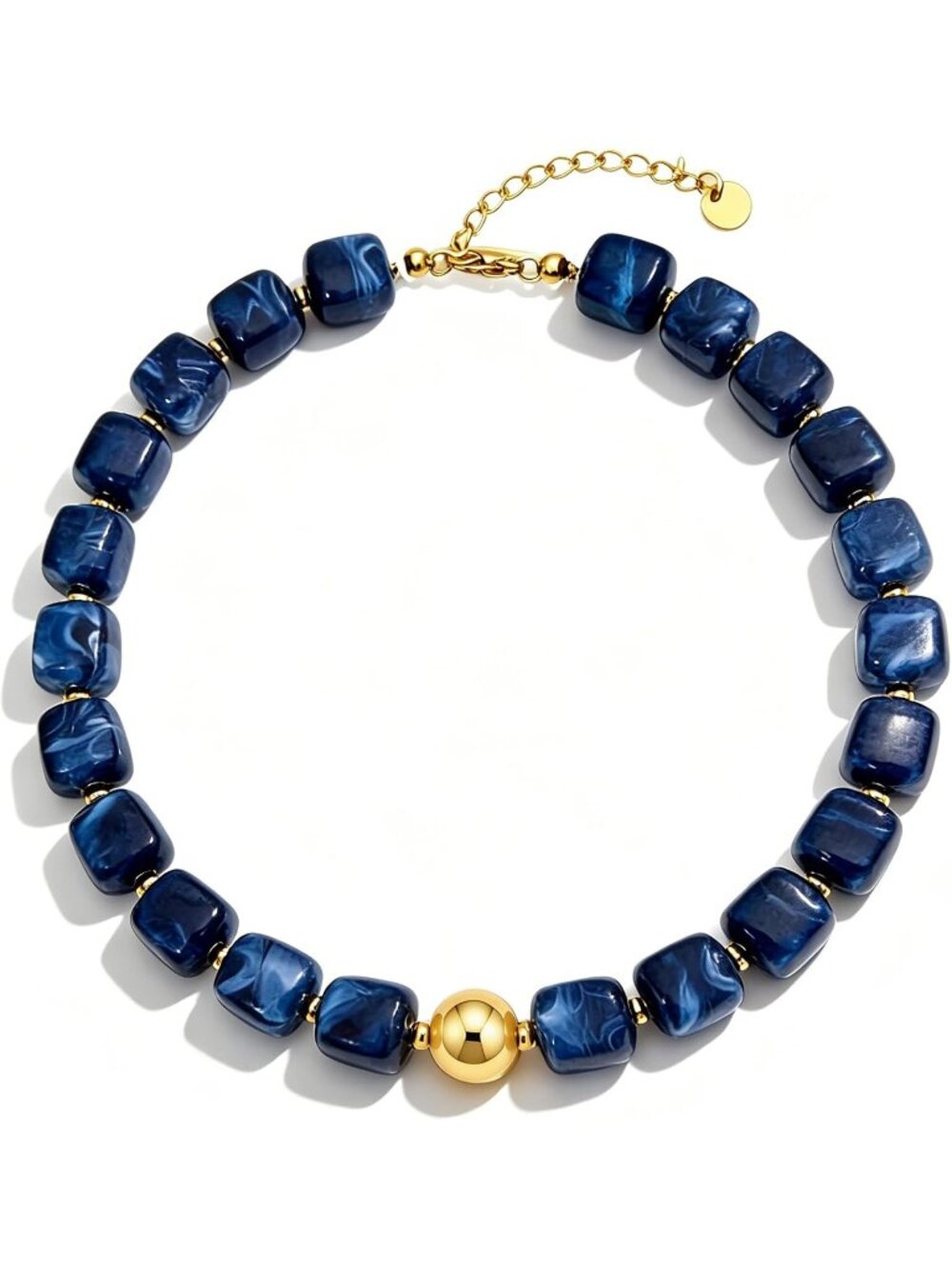 Women Chunky Blue Beaded Necklace, Gold Plated Marbled Resin Choker Jewelry